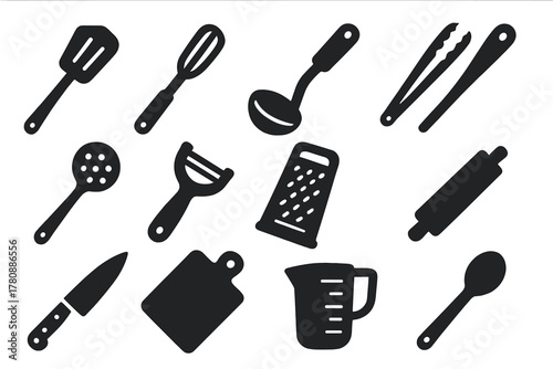 Cooking Utensil Icons. Solid style icons of Cooking utensils: spatula, whisk, ladle, tongs, slotted spoon, peeler, grater, rolling