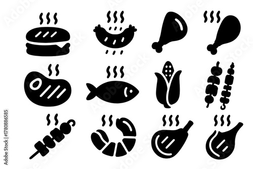 Grilled Food Icons. Solid style icons of Grilled foods: steak, burger, sausage, chicken drumstick, ribs, fish, corn, vegetable