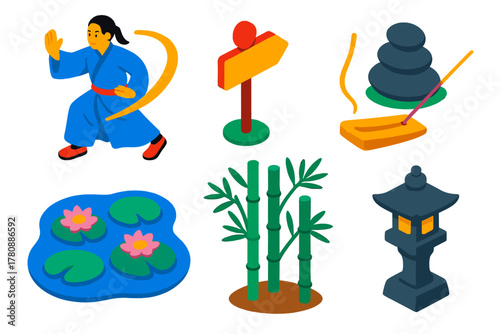 Park Activities Illustration. Isometric vector illustration set Park activities – Tai Chi practitioner, flowing robe, motion arc;