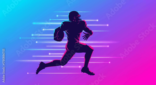 American Football Player Running with Ball Futuristic Neon Illustration