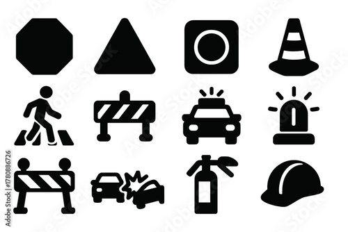 Traffic Safety Icons. Solid style icons of Traffic and safety: stop sign, yield sign, speed limit, traffic cone, pedestrian