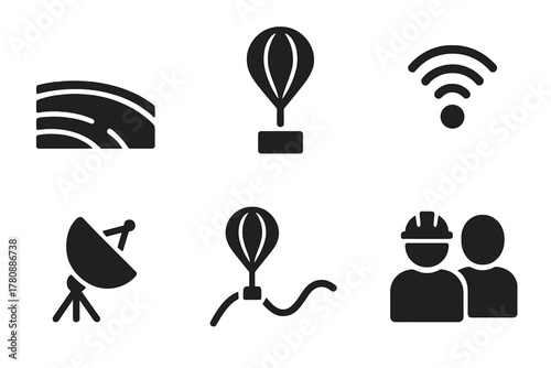 High-Altitude Balloon Icons. Line style icons of High-Altitude Ballooning: earth curve view, payload under balloon, streaming