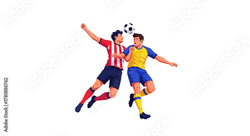 Dynamic Soccer Players Heading the Ball in a Competitive Match Illustration