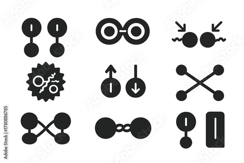Quantum Entanglement Icons. Solid style icons of entanglement mechanisms: paired qubits, entangled photon rings, EPR pair symbol.