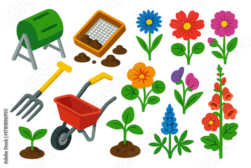 Vibrant Garden Icons. Isometric vector illustration set featuring tools and plants: compost turner, soil sifter, mulch fork,
