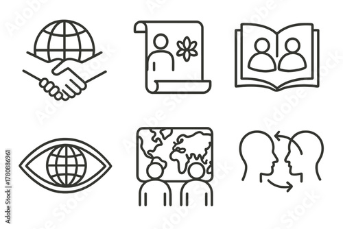 Cross-Cultural Icons. Line style icons of cross-cultural understanding: world handshake icon, culture respect scroll, shared story