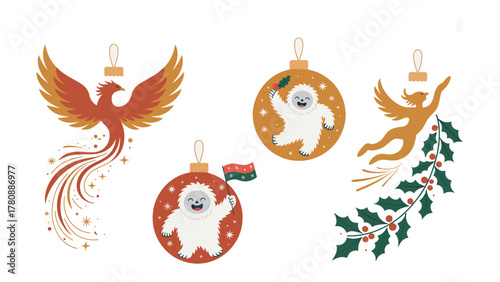 Festive Ornaments for Christmas: A set of colorful and creative illustrations of Christmas ornaments, each featuring unique designs and charming details. Showcasing the holiday spirit.