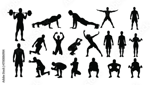 Workout and fitness exercise silhouettes isolated on transparent background, Vector