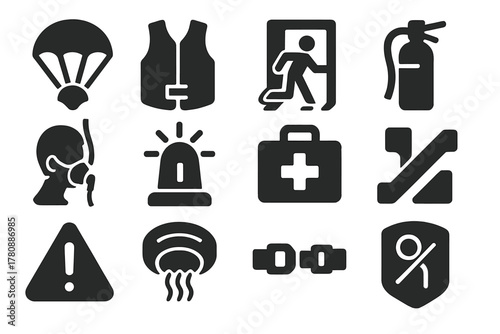 Aviation Safety Icons. Solid style icons of Aviation safety: parachute, life vest, emergency exit, fire extinguisher, oxygen mask,