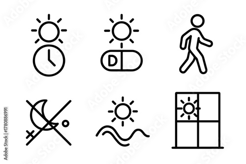 Circadian Biohack Icons. Line style icons of sunlight and circadian biohacks: sun exposure time, vitamin D boost, morning sunlight