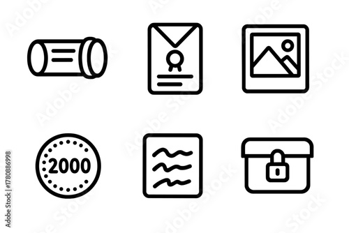 Time Capsule Icons. Line style icons of Time Capsule Curation: sealed capsule tube, historical letter, memory photograph, metal