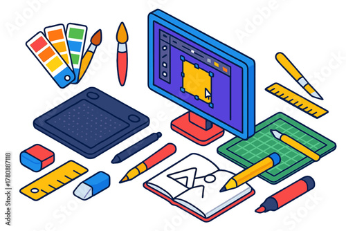 Design Tools Collection. Isometric vector illustration set design and editing tools: graphic tablet, stylus pen, desktop monitor,