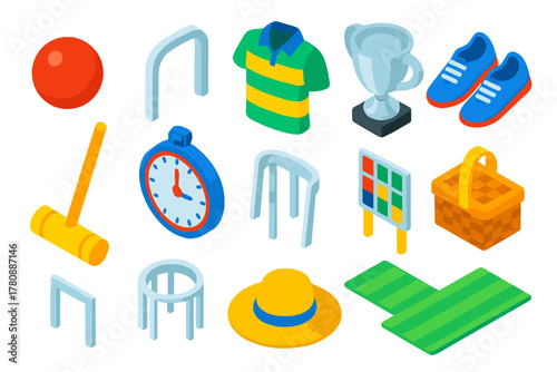 Croquet Essentials Icons. Isometric vector illustration set ball, goalpost, jersey, timer, trophy, shoes: croquet ball, croquet