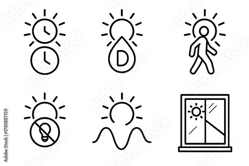 Circadian Biohack Icons. Line style icons of sunlight and circadian biohacks: sun exposure time, vitamin D boost, morning sunlight