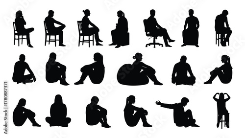 Diverse sitting people silhouettes collection isolated on transparent background, Vector