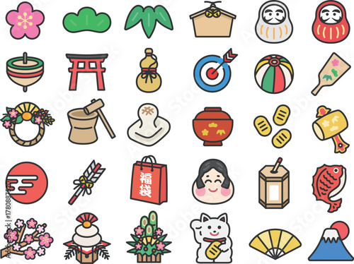 いろいろな、正月アイコン（線画カラー）のイラストセット