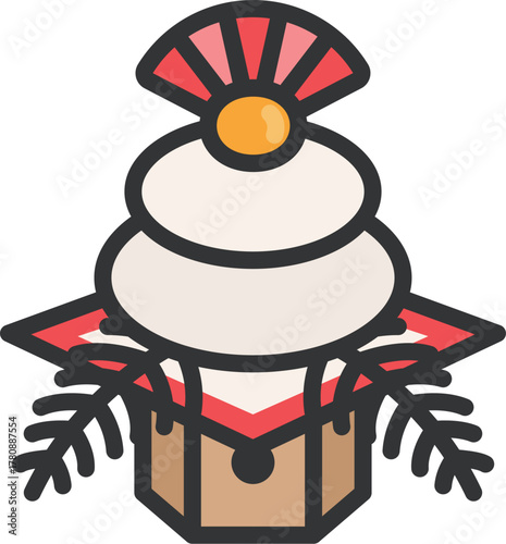 鏡餠のアイコン（線画カラー）のイラスト