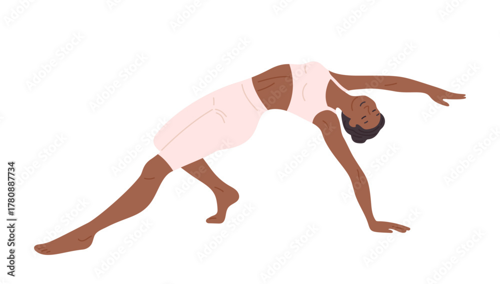 Fototapeta premium Woman practicing yoga Pilates exercise cartoon illustration. Young girl trains the abdominal muscles, stretching, balance relaxation. Healthy lifestyle fitness, wellness meditation concept flat style