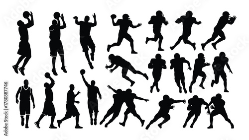 Basketball and american football athlete silhouettes isolated on transparent background, Vector