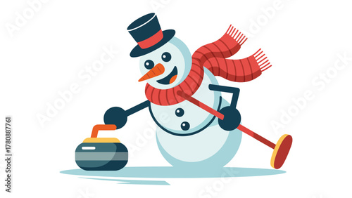 Snowman Curler: A jovial snowman, adorned in winter accessories, takes aim on the ice, embodying the spirit of winter games.