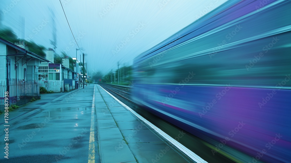 Fototapeta premium High-Speed Commuter Train Blurs Past a Wet Rural Station