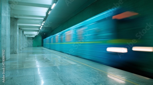 High-Speed Metro Train Blurring Through a Blue Station