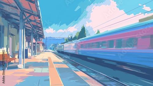 Vibrant Anime Illustration of a Train Departing a Station
