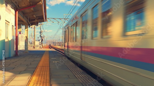 Japanese Train Speeds Past a Sunlit Platform at Golden Hour