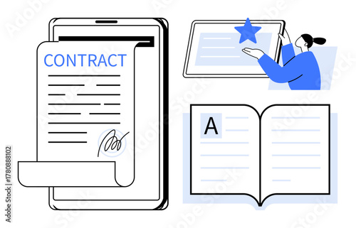 Tablet with contract paper, person rating document with star, open book. Ideal for legal agreements, e-signatures, education, online reviews, publishing, e-learning simple flat metaphor