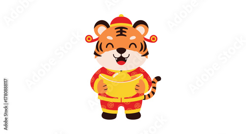 A cheerful cartoon tiger dressed in traditional attire holding gold ingots.