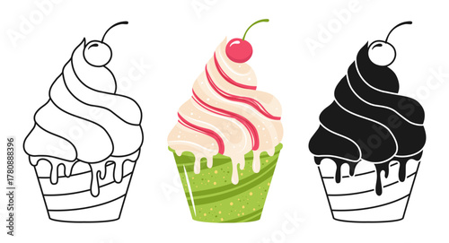 Ice cream symbol cartoon set. Fruit cherry gelato scoop melting dripping ice cream illustration. Summer dessert liquid Ice cream scoop linear doodle icon. Vector design hand drawn sweet stylized sign