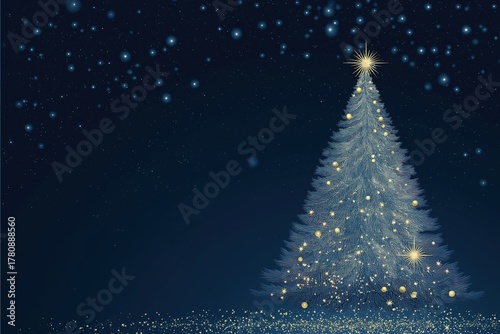 Star and ornament Christmas tree on dark blue background, vector flat illustration with starry sky and metallic colors, for holiday and winter design projects