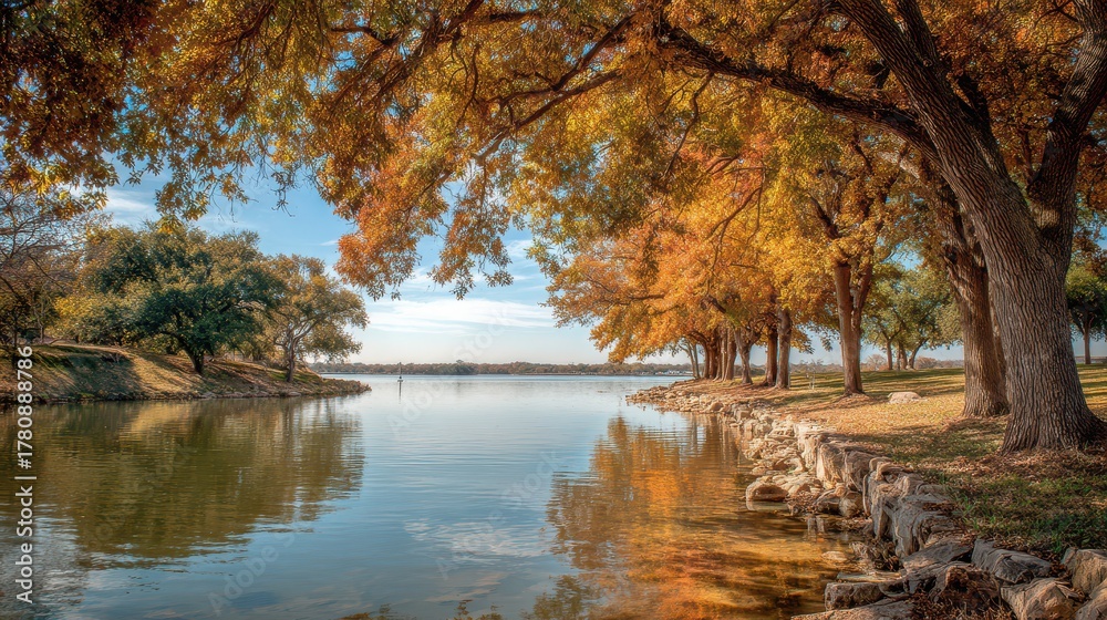 Fototapeta premium White Rock Lake Dallas: Tranquil Waterfront Scene with Autumn Trees in a Nature Park