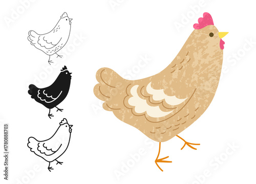 Chicken symbol cartoon set. Hen, rooster chick comic birds character linear doodle icon. Abstract childish hand drawn poultry farm domestic bird outline hand drawn vector illustration