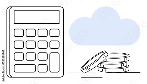 Calculator beside stacked coins under a cloud. Ideal for finance, budgeting, taxes, savings, accounting, cloud computing, financial technology. Clean and simple flat metaphor