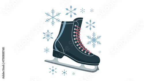 Ice Skate Amidst Falling Snow: An illustrated ice skate, complete with sleek blades and sturdy laces, poised gracefully amongst a backdrop of stylized snowflakes.