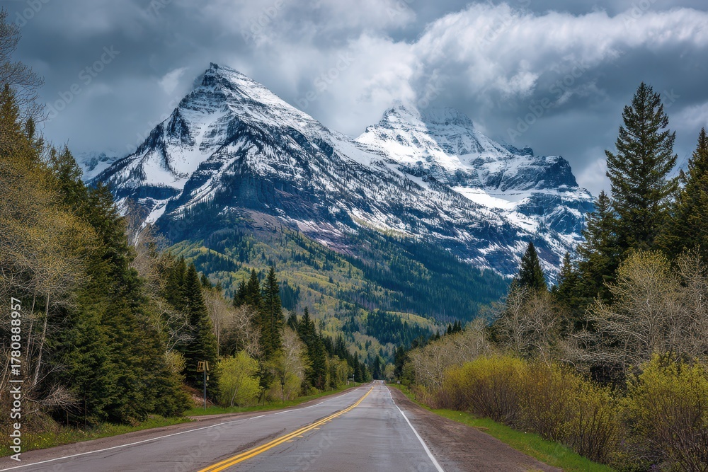 Fototapeta premium Wide Glacier National Park. Highway to the Glaciers - Cloudy Spring Morning View of U.S. Route 89 Extending towards Snow-Capped High Mountain Peaks and Evergreen Forests