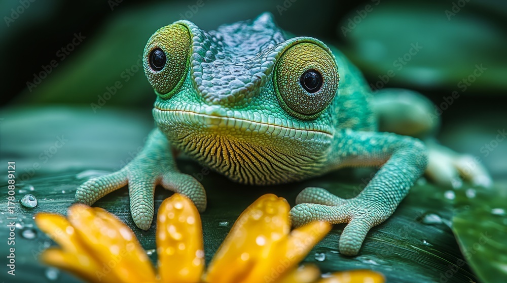 Fototapeta premium A vibrant chameleon portrait, showcasing its stunning colors and unique texture in a natural setting.