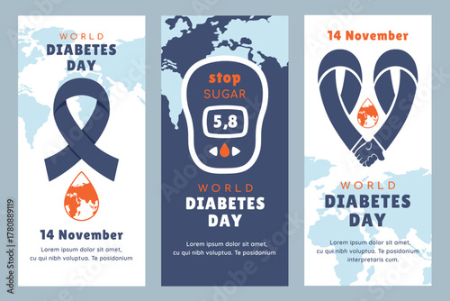 World Diabetes day flyers. Set of posters. Awareness of Diabetic care and education. Blue ribbon as symbol of unity, support. Sugar control. Vector illustration