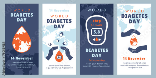 World Diabetes Day. Set of posters with glucometer, human hands and drop of blood. People raising awareness about diabetes. Unity, prevention, global health concept. World map with lettering. Vector