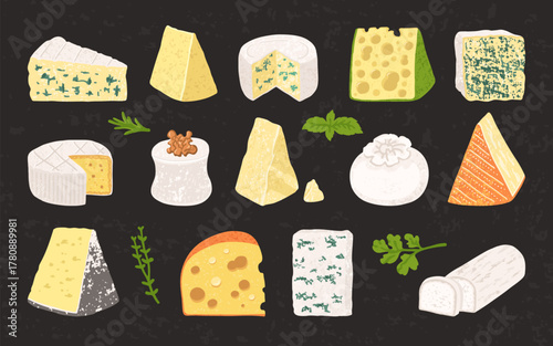 Cartoon style Cheese set illustration with grunge texture. Different types of cheese Brie, Camembert, Swiss cheese with holes, Parmesan. Fun hand drawn vector art design on dark background