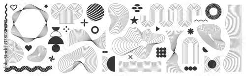 Set of geometric shapes. Halftone line elements design, elements for web, wavy, advertisement, commercial banner, poster, leaflet, billboard, sale. Collection trendy halftone vector geometric shapes.