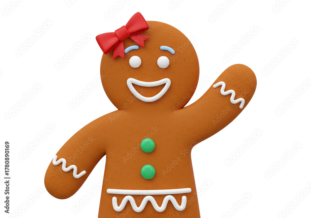 Obraz premium Smiling Gingerbread Girl Waving with Red Bow - Festive 3D Character for Christmas and Holiday Cheer