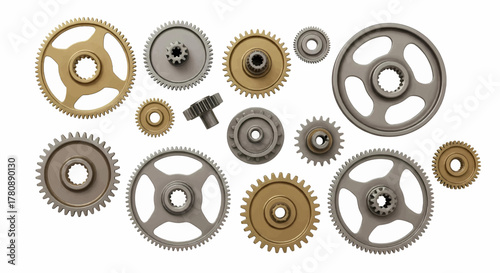 A diverse collection of detailed metallic gears and cogs in a realistic 3D style vector, illustration