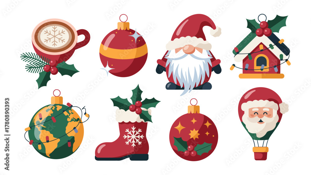 Fototapeta premium Festive Christmas Decorations: A collection of charming Christmas decorations, including ornaments, a gnome, and more, all captured in vibrant detail. 
