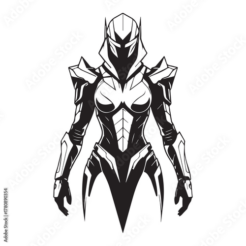 Intricate sketch of a futuristic warrior in detailed sci fi armor standing ready for battle