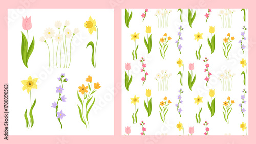 Flower seamless pattern and set of delicate textured flowers. Floral vintage springtime blossom trendy boundless background. Chamomile tulip daffodil endless design for print wrapper backdrop template