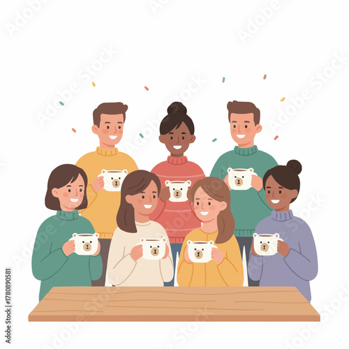 Cheerful Friends Gathering with Festive Mugs A Warm Holiday Get-Together