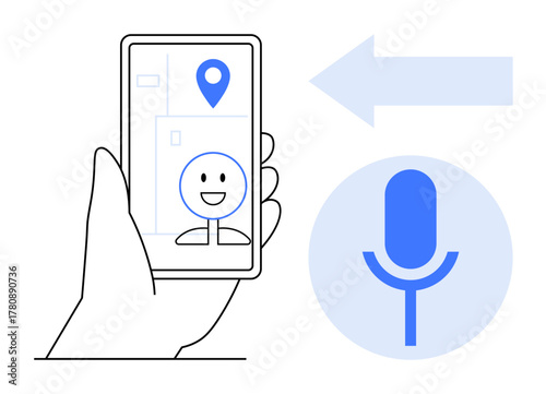 Hand holding smartphone displaying cheerful AI assistant with map location marker large blue mic icon and arrow. Ideal for voice control, digital assistant, AI tools, navigation, voice search