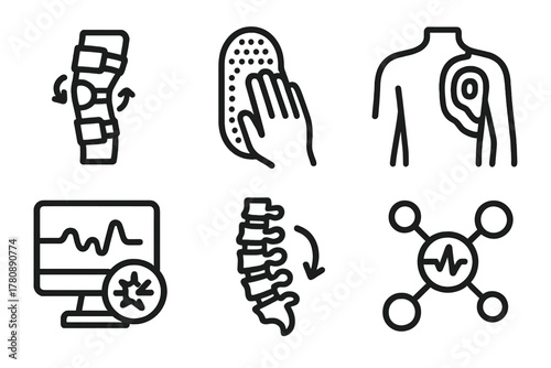 Programmable Matter Icons. Line style icons of Programmable Matter: adaptive medical brace, patient-fit mold patch, injury heat